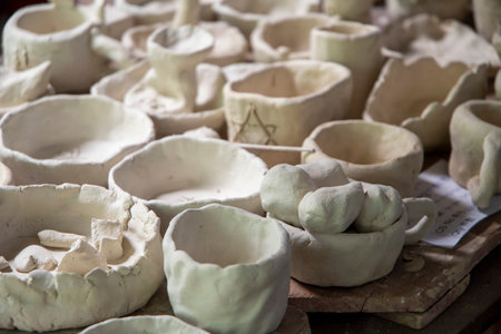 Traditional pottery workshop with handmade pottory artworkの写真素材