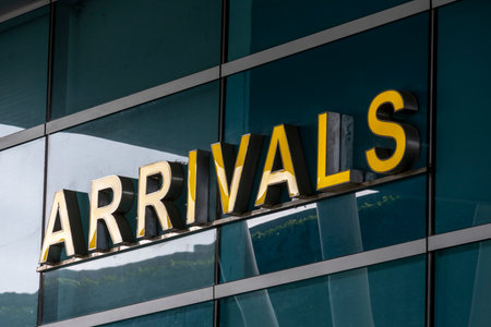 Arrival signage at Danang International Airport in Vietnam. It is an international airport serving the area of Central Vietnamの写真素材