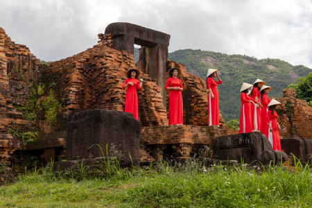 My Son, Vietnam- 29 Feb, 2024: Group of people visiting to My Son UNESCO World Heritage site near Hoi An in central Vietnam. It is an ancient Hindu temple complex of the Cham people.のeditorial素材