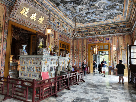 Hue, Vietnam- 28 Feb, 2024: Interior of Tomb of Khai Dinh emperor in Hue Vietnam. Khai Dinh was the penultimate emperor of Vietnam, from 1916 to 1925のeditorial素材