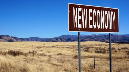 New economy brown road sign with blue sky