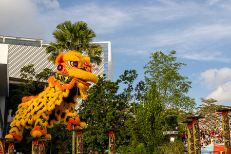 Singapore- 12 Feb, 2024: Chinese lion dance performance show during Chinese New Year in Singapore. Lion dance is a form of traditional dance in Chinese cultureのeditorial素材