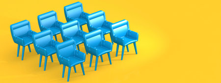 Row of blue chairs with yellow background, 3d rendering