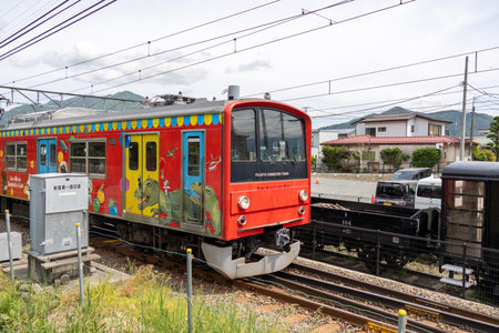 Shimoyoshida, Japan- 15 May 2024: Fujikyu line train approaching to the platform of Shimoyoshida...