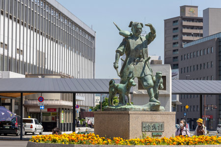 Okayama, Japan- 10 May 2024: Momotaro Statue in front of JR train station in Okayama city, Japan. The origins of Momotaro is said to be here in Okayamaのeditorial素材