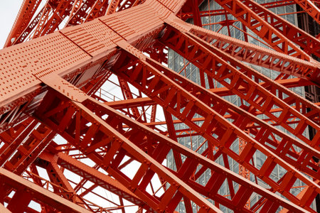 Tokyo, Japan- 12 May 2024: Detail structure of Tokyo Tower in Tokyo. Tokyo Tower is a landmark of...