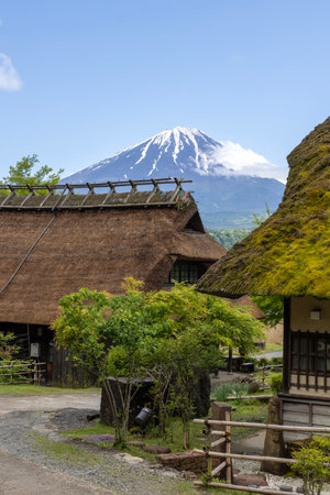 Kawaguchiko, Japan- 16 May, 2024: Saiko Iyashi no Sato Nenba or Traditional Japanese Village in Kawaguchiko, Japan. This is a beautiful place to assemble ancient farm houses close to Mount Fujiのeditorial素材