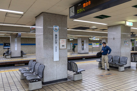 Nisshin, Japan- 8 May, 2024: Subway platform of Akaike station in Nagoya, Japan. Akaike Station is a railway station in the city of Nisshin, Japan.のeditorial素材