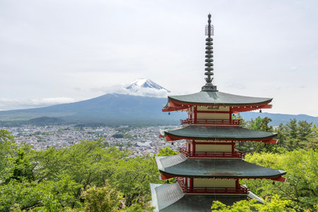 Shimoyoshida, Japan- 15 May 2024: View of mount Fuji with Chureito Pagoda at Arakurayama Sengen Park mountain in Japanのeditorial素材