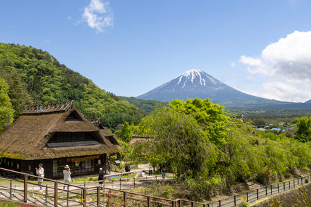 Kawaguchiko, Japan- 16 May, 2024: Saiko Iyashi no Sato Nenba or Traditional Japanese Village in Kawaguchiko, Japan. This is a beautiful place to assemble ancient farm houses close to Mount Fujiのeditorial素材