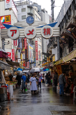 Tokyo, Japan- 13 May 2024: Ameyoko market neighborhood in Tokyo, Japan. Ameyoko Shopping Street is a collection of stores located under the elevated railway line.のeditorial素材