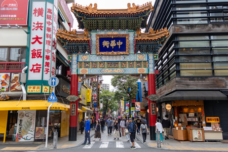 Yokohama, Japan- 19 May 2024: Street in Yokohama Chinatown district, Japan. Yokohama's Chinatown is one of the largest in the worldのeditorial素材