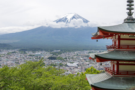 Shimoyoshida, Japan- 15 May 2024: View of mount Fuji with Chureito Pagoda at Arakurayama Sengen Park mountain in Japanのeditorial素材