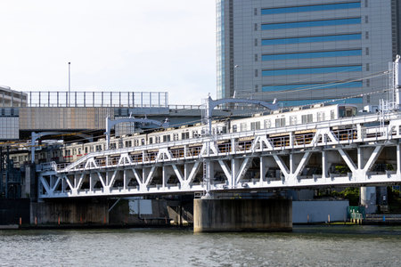 Tokyo, Japan- 11 May 2024: Railway bridge across Sumida river at Sumida River Walk park in Tokyo,...