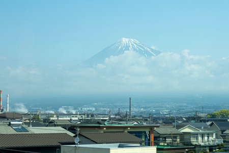 Fuji, Japan- 8 May, 2024: View of Mount Fuji and Fuji city in Japan. This city is known as Shizuoka Prefecture's main industrial cityのeditorial素材