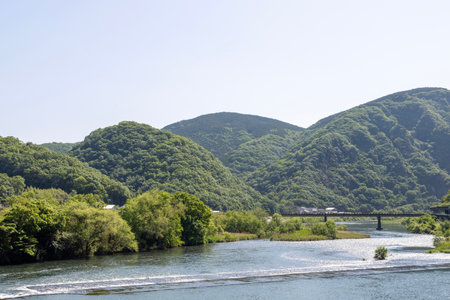 Beautiful green scenery of Asahi River in Okayama, Japan.の写真素材