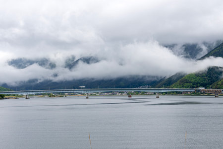 Lake Kawaguchi Great Bridge that across the lake Kawaguchiko in Japanの写真素材