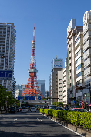 Tokyo, Japan- 11 May, 2024: View of Tokyo Tower with blue sky. At 332.9 meters, it was the tallest tower in Japan until the construction of Tokyo Skytreeのeditorial素材