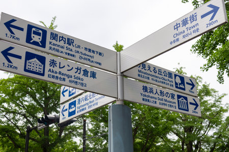 Yokohama, Japan- 19 May 2024: Sign board points to different attractions in Yokohama, Japan....