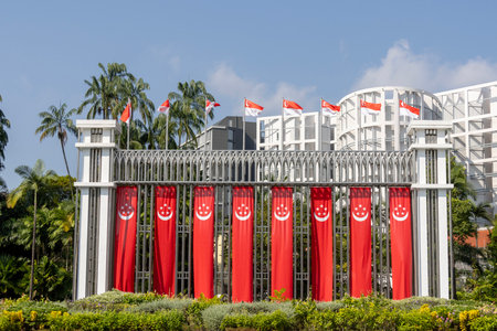 Singapore- 28 Jul 2024: The Festival Arch at the Istana Park serves as the gateway to Singapore's Civic Districtのeditorial素材