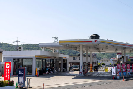 Okayama, Japan. 10 May  2024: . Japanese gas stations in rural areasのeditorial素材