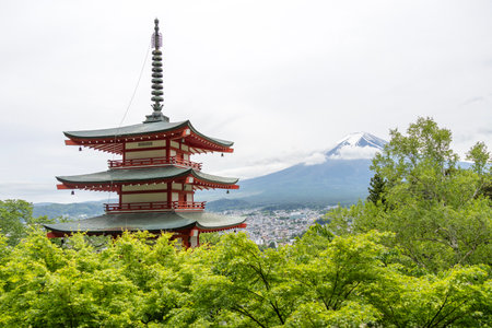 Shimoyoshida, Japan- 15 May 2024: View of mount Fuji with Chureito Pagoda at Arakurayama Sengen Park mountain in Japanのeditorial素材