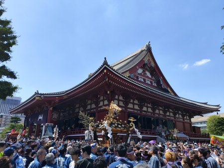 Tokyo, Japan- 18 May 2024: People carrying a portable shrine (mikoshi) at the Sanja Festival in Asakusa. It is one of the most popular festivals in Tokyo.aのeditorial素材