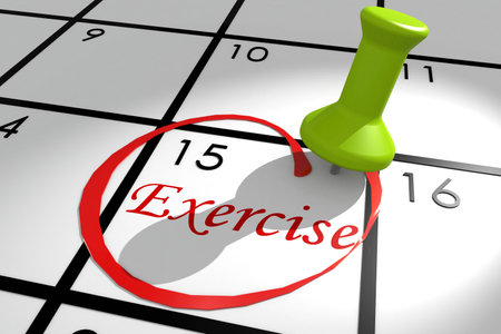 Exercise word marked on calendar with push pin, 3d renderingの写真素材