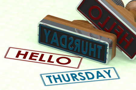 Rubber stamp with hello Thursday word, 3d renderingの写真素材