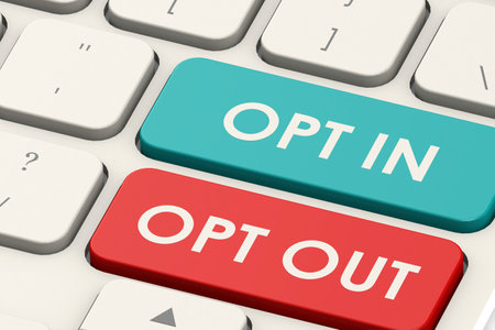 Opt in and opt out word on white keyboard, 3d renderingの写真素材