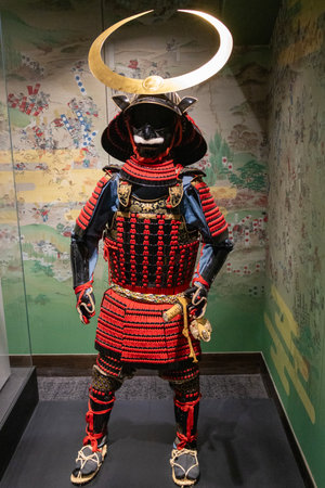 Okayama, Japan- 10 May 2024: The warrior gears and out fitting is shown in the Okayama castle.のeditorial素材