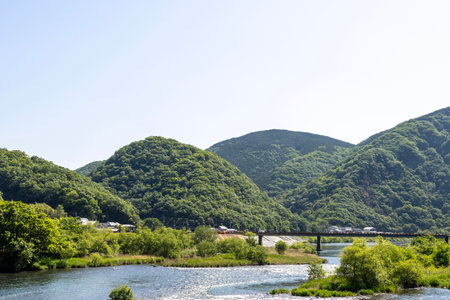 Beautiful green scenery of Asahi River in Okayama, Japan.の写真素材