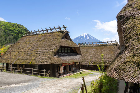 Kawaguchiko, Japan- 16 May, 2024: Saiko Iyashi no Sato Nenba or Traditional Japanese Village in Kawaguchiko, Japan. This is a beautiful place to assemble ancient farm houses close to Mount Fujiのeditorial素材
