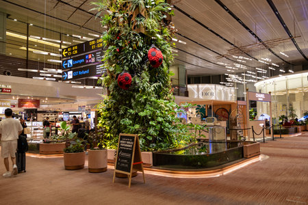 Singapore- 5 Jun 2024: Changi Airport in Singapore, airport interiors, installation with greenery and pondのeditorial素材