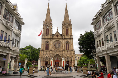 Guangzhou, China- 7 Jun 2024: Sacred Heart Gothic Cathedral in Guangzhou, China. It is one of the...