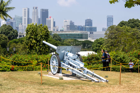 Singapore- 28 Jul 2024: The Japanese Cannon 105mm on display inside the Istana in Singapore. It is a symbol of the liberation of Singapore after the Japanese Occupation.のeditorial素材