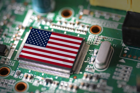Flag of USA on a processor, CPU Central processing Unit or GPU microchip on a motherboard. Semiconductor industryの写真素材