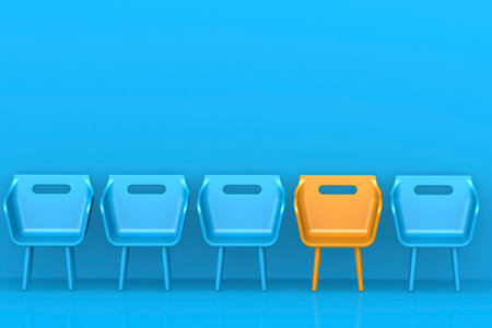 Yellow chair stand out from the blue. Job opportunity concept, 3d renderingの写真素材