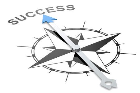 Compass pointing toward success word isolated, 3d rendering