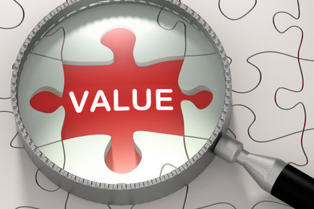 Value word with puzzle and magnifying glass, 3d rendering