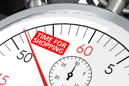 Time for shopping word on the stopwatch, 3d rendering