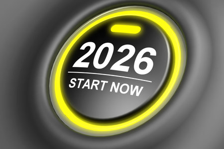 Year 2026 start now button with green light, 3d rendering