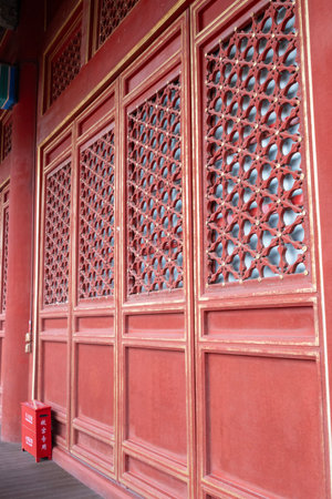 Detail of Meridian Gate Tower in Forbidden City and the Palace Museum. the Meridian Gate has two protruding arms on either sideの写真素材