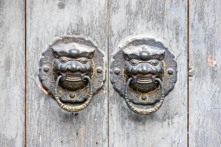 Chinese door knob with lion face on wooden door