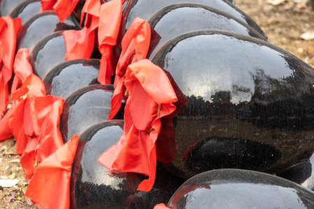 Ceramic wine jars placed outdoorの写真素材