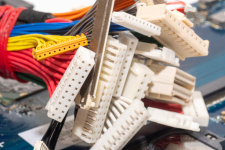 Close-up shot of bundle of various colored cables with various connectors