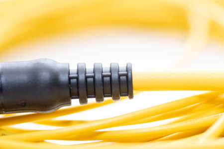 Electrical wire strain relief over molded plastic. It provides protection to the wires and cables.の写真素材
