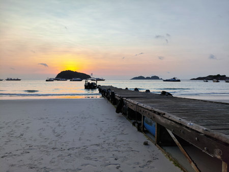 Breathtaking and scenic view of the beach during sunrise at Redang Island, Malaysiaの写真素材