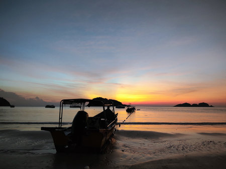 Breathtaking and scenic view of the beach during sunrise at Redang Island, Malaysiaの写真素材