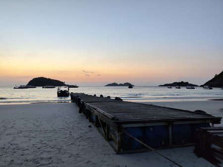 Breathtaking and scenic view of the beach during sunrise at Redang Island, Malaysiaの写真素材